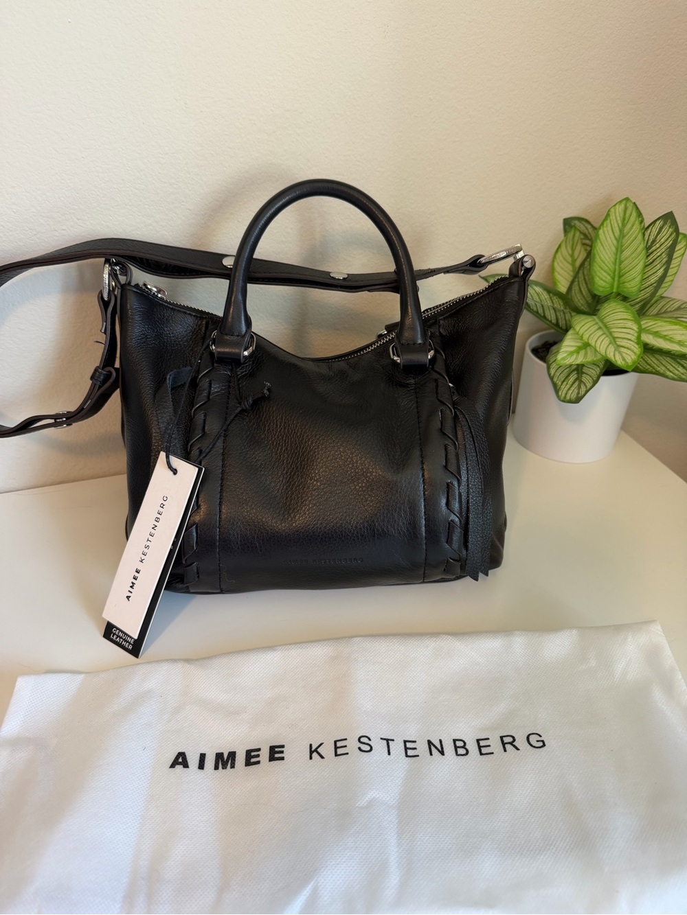 Aimee Kestenberg Black Leather Braided-Trim Satchel with Shoulder Strap